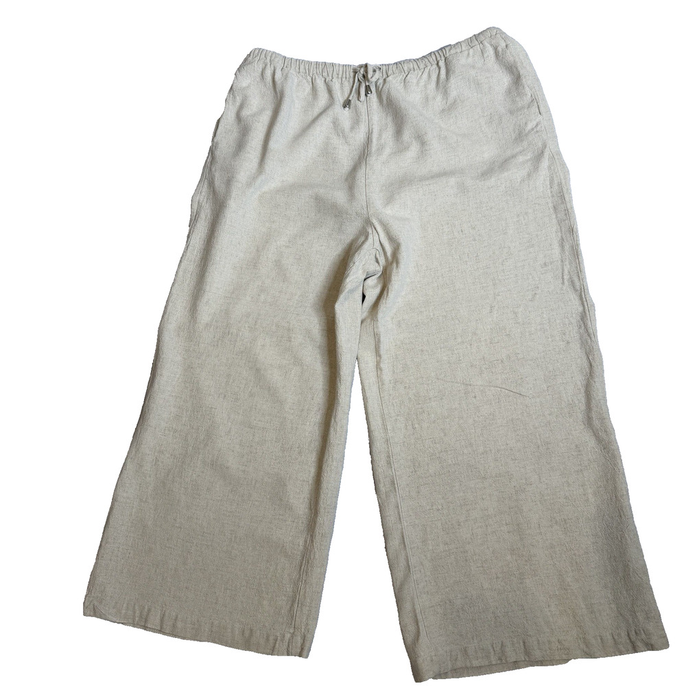 Anrabess Linen Blend (30%) Cropped Wide Leg Pants XL Ivory Pull On Drawstring